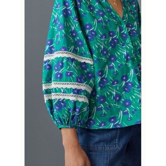 Porridge Anthropologie Green Floral Jovie Puffed Sleeve Peasant Blouse - Small - Picture 3 of 14